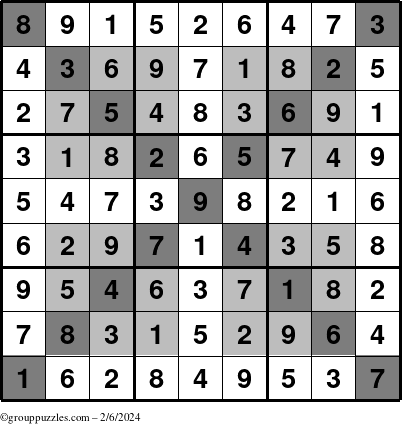 The grouppuzzles.com Answer grid for the HyperSudoku-X puzzle for Tuesday February 6, 2024