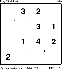 The grouppuzzles.com Easy Sudoku-4 puzzle for Tuesday December 16, 2025 with the first 2 steps marked