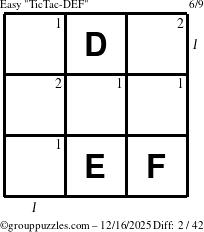 The grouppuzzles.com Easy TicTac-DEF puzzle for Tuesday December 16, 2025 with all 2 steps marked