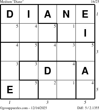 The grouppuzzles.com Medium Diane puzzle for Tuesday December 16, 2025 with all 5 steps marked