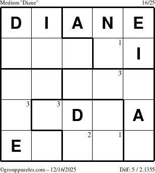 The grouppuzzles.com Medium Diane puzzle for Tuesday December 16, 2025 with the first 3 steps marked