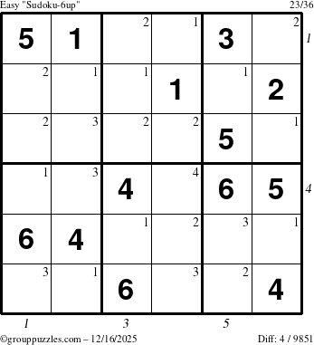 The grouppuzzles.com Easy Sudoku-6up puzzle for Tuesday December 16, 2025 with all 4 steps marked