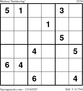 The grouppuzzles.com Medium Sudoku-6up puzzle for Tuesday December 16, 2025