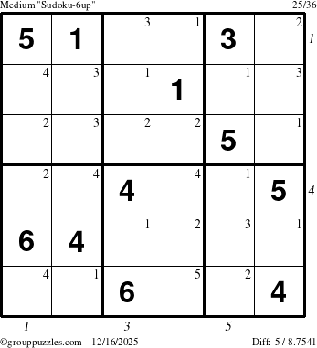 The grouppuzzles.com Medium Sudoku-6up puzzle for Tuesday December 16, 2025 with all 5 steps marked