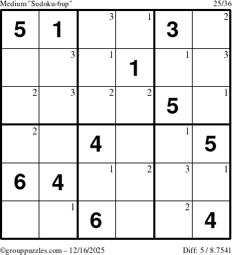The grouppuzzles.com Medium Sudoku-6up puzzle for Tuesday December 16, 2025 with the first 3 steps marked