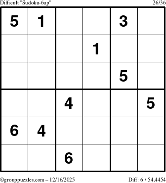 The grouppuzzles.com Difficult Sudoku-6up puzzle for Tuesday December 16, 2025