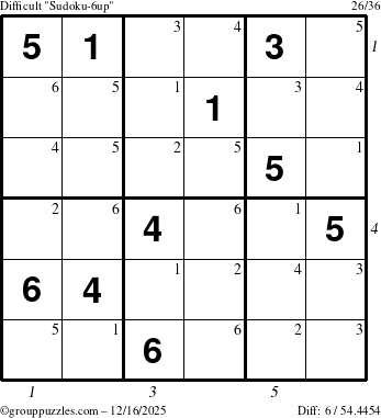 The grouppuzzles.com Difficult Sudoku-6up puzzle for Tuesday December 16, 2025 with all 6 steps marked