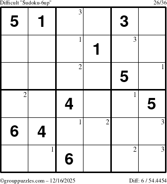 The grouppuzzles.com Difficult Sudoku-6up puzzle for Tuesday December 16, 2025 with the first 3 steps marked