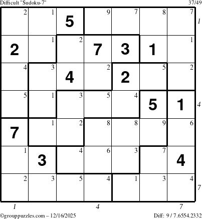The grouppuzzles.com Difficult Sudoku-7 puzzle for Tuesday December 16, 2025 with all 9 steps marked