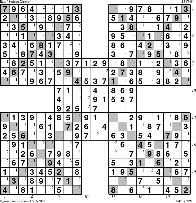 The grouppuzzles.com Easy Sudoku-Xtreme puzzle for Tuesday December 16, 2025, suitable for printing, with all 3 steps marked