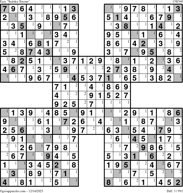 The grouppuzzles.com Easy Sudoku-Xtreme puzzle for Tuesday December 16, 2025 with the first 3 steps marked