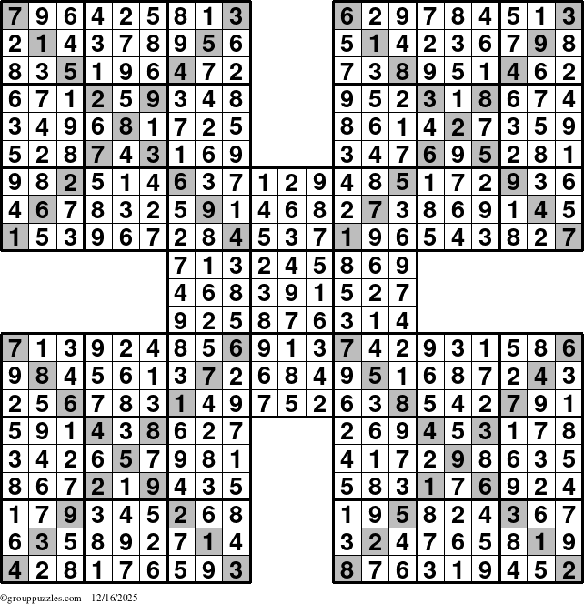 The grouppuzzles.com Answer grid for the Sudoku-Xtreme puzzle for Tuesday December 16, 2025