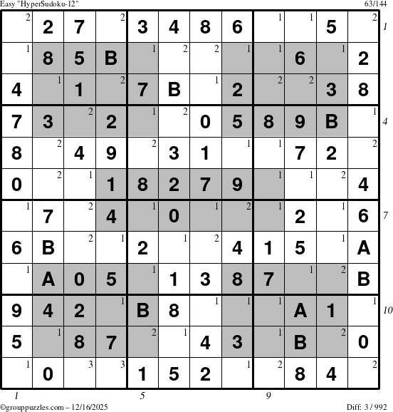 The grouppuzzles.com Easy HyperSudoku-12 puzzle for Tuesday December 16, 2025 with all 3 steps marked