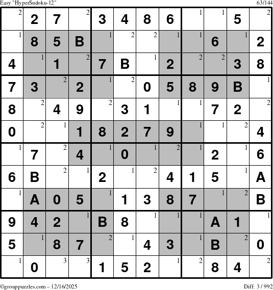 The grouppuzzles.com Easy HyperSudoku-12 puzzle for Tuesday December 16, 2025 with the first 3 steps marked