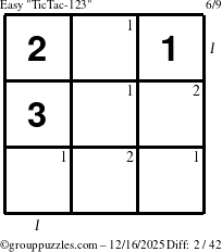 The grouppuzzles.com Easy TicTac-123 puzzle for Tuesday December 16, 2025, suitable for printing, with all 2 steps marked