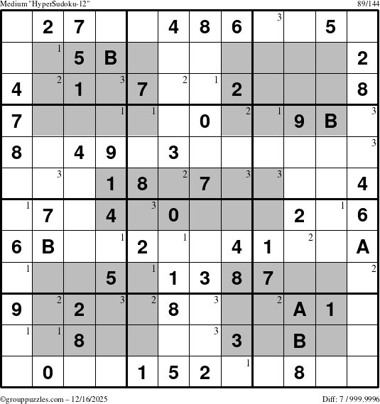The grouppuzzles.com Medium HyperSudoku-12 puzzle for Tuesday December 16, 2025 with the first 3 steps marked