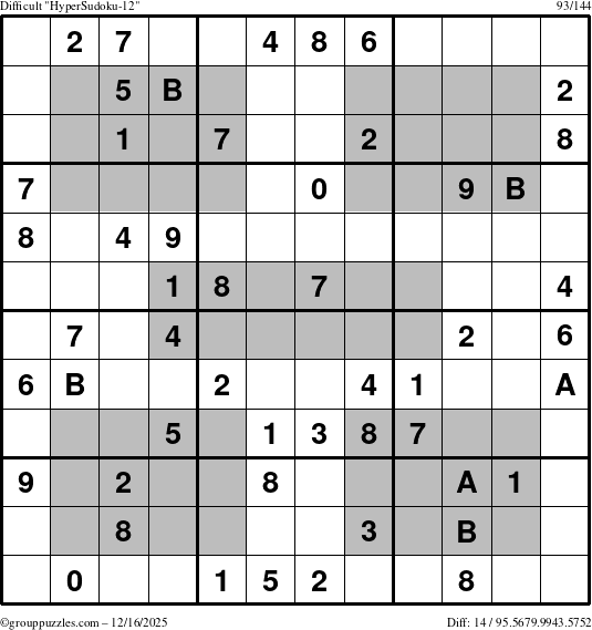 The grouppuzzles.com Difficult HyperSudoku-12 puzzle for Tuesday December 16, 2025