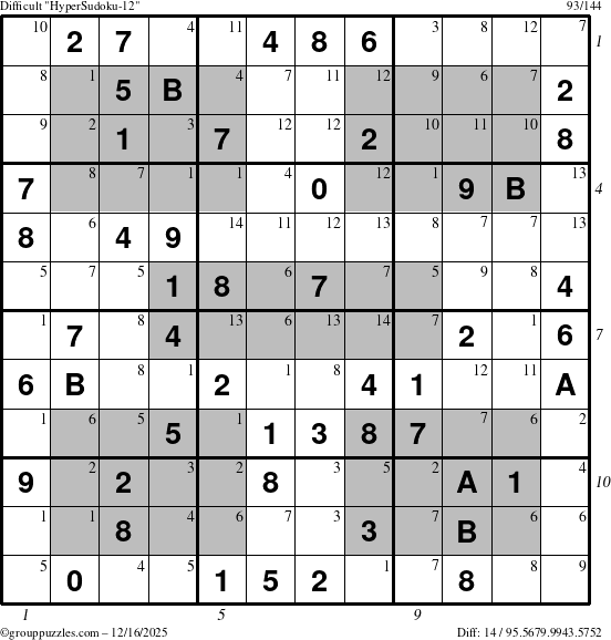 The grouppuzzles.com Difficult HyperSudoku-12 puzzle for Tuesday December 16, 2025 with all 14 steps marked