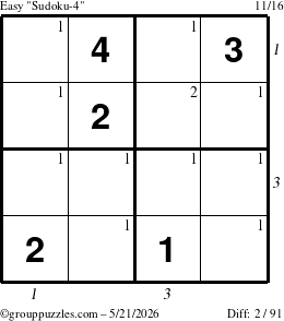 The grouppuzzles.com Easy Sudoku-4 puzzle for Thursday May 21, 2026 with all 2 steps marked