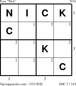 The grouppuzzles.com Easy Nick puzzle for Thursday May 21, 2026 with all 3 steps marked