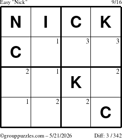 The grouppuzzles.com Easy Nick puzzle for Thursday May 21, 2026 with the first 3 steps marked