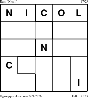 The grouppuzzles.com Easy Nicol puzzle for Thursday May 21, 2026