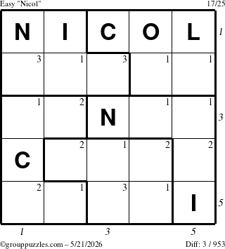 The grouppuzzles.com Easy Nicol puzzle for Thursday May 21, 2026, suitable for printing, with all 3 steps marked