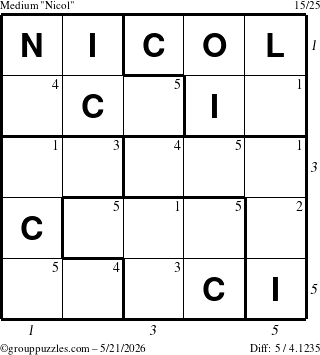 The grouppuzzles.com Medium Nicol puzzle for Thursday May 21, 2026 with all 5 steps marked