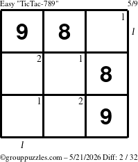 The grouppuzzles.com Easy TicTac-789 puzzle for Thursday May 21, 2026, suitable for printing, with all 2 steps marked