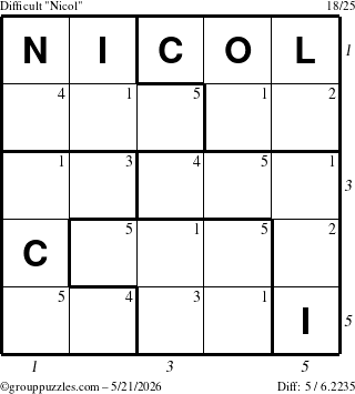 The grouppuzzles.com Difficult Nicol puzzle for Thursday May 21, 2026 with all 5 steps marked