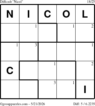 The grouppuzzles.com Difficult Nicol puzzle for Thursday May 21, 2026 with the first 3 steps marked