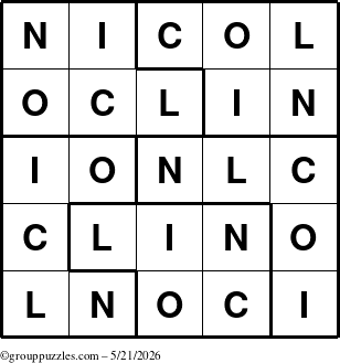 The grouppuzzles.com Answer grid for the Nicol puzzle for Thursday May 21, 2026