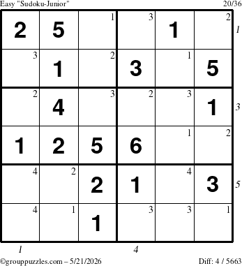 The grouppuzzles.com Easy Sudoku-Junior puzzle for Thursday May 21, 2026, suitable for printing, with all 4 steps marked