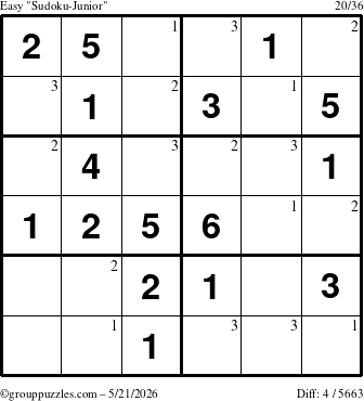The grouppuzzles.com Easy Sudoku-Junior puzzle for Thursday May 21, 2026 with the first 3 steps marked