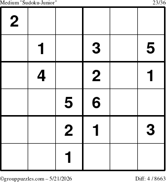 The grouppuzzles.com Medium Sudoku-Junior puzzle for Thursday May 21, 2026