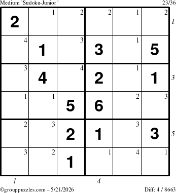 The grouppuzzles.com Medium Sudoku-Junior puzzle for Thursday May 21, 2026, suitable for printing, with all 4 steps marked