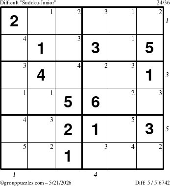 The grouppuzzles.com Difficult Sudoku-Junior puzzle for Thursday May 21, 2026, suitable for printing, with all 5 steps marked