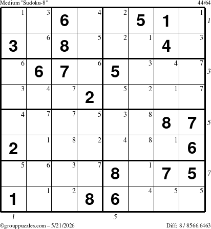 The grouppuzzles.com Medium Sudoku-8 puzzle for Thursday May 21, 2026 with all 8 steps marked