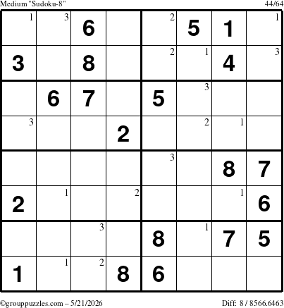 The grouppuzzles.com Medium Sudoku-8 puzzle for Thursday May 21, 2026 with the first 3 steps marked