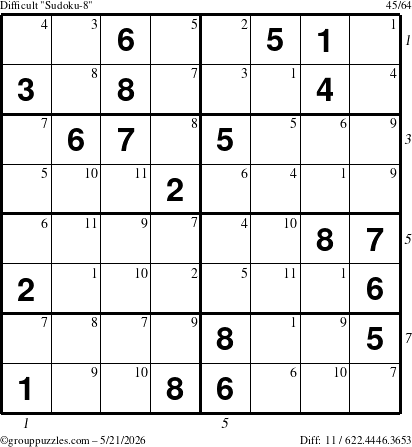 The grouppuzzles.com Difficult Sudoku-8 puzzle for Thursday May 21, 2026, suitable for printing, with all 11 steps marked