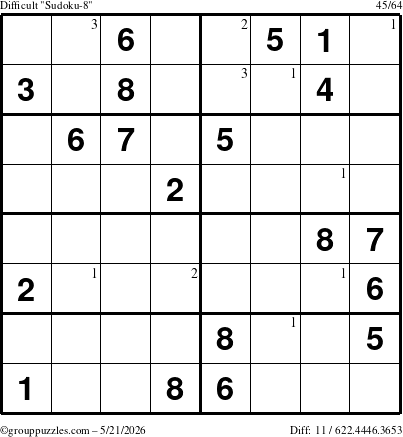 The grouppuzzles.com Difficult Sudoku-8 puzzle for Thursday May 21, 2026 with the first 3 steps marked