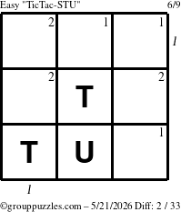 The grouppuzzles.com Easy TicTac-STU puzzle for Thursday May 21, 2026 with all 2 steps marked
