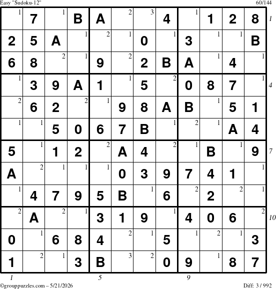 The grouppuzzles.com Easy Sudoku-12 puzzle for Thursday May 21, 2026, suitable for printing, with all 3 steps marked