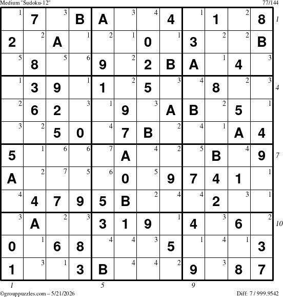 The grouppuzzles.com Medium Sudoku-12 puzzle for Thursday May 21, 2026, suitable for printing, with all 7 steps marked