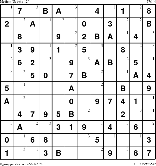 The grouppuzzles.com Medium Sudoku-12 puzzle for Thursday May 21, 2026 with the first 3 steps marked