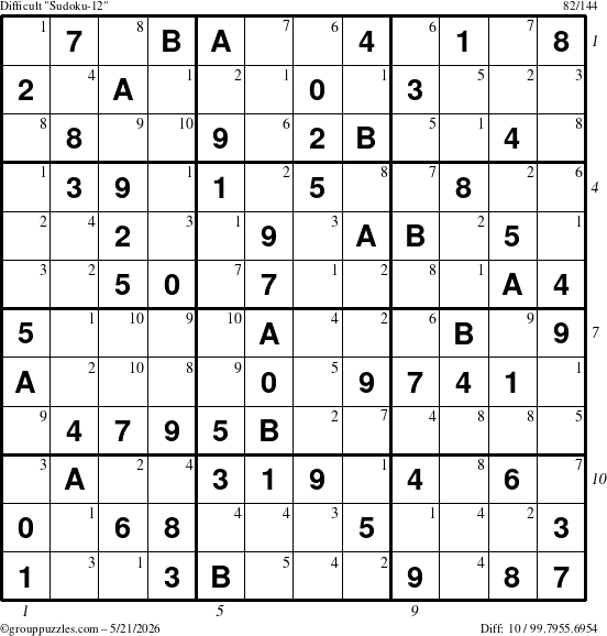 The grouppuzzles.com Difficult Sudoku-12 puzzle for Thursday May 21, 2026 with all 10 steps marked