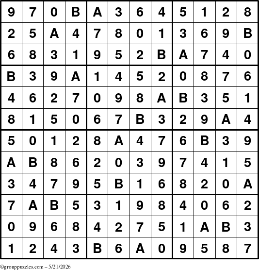 The grouppuzzles.com Answer grid for the Sudoku-12 puzzle for Thursday May 21, 2026