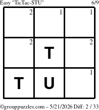 The grouppuzzles.com Easy TicTac-STU puzzle for Thursday May 21, 2026 with the first 2 steps marked