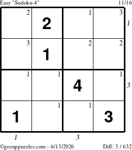 The grouppuzzles.com Easy Sudoku-4 puzzle for Saturday June 13, 2026, suitable for printing, with all 3 steps marked
