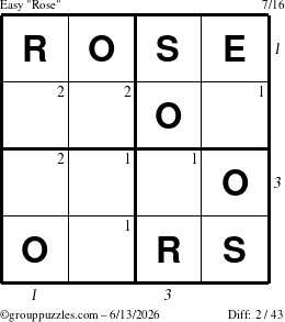 The grouppuzzles.com Easy Rose puzzle for Saturday June 13, 2026 with all 2 steps marked